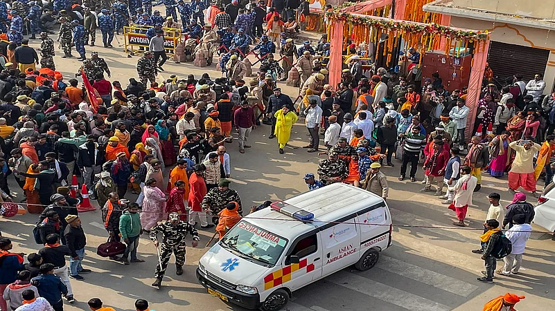 An ambulance stationed near Ayodhya Ram Temple amid the massive crowd of devotees 