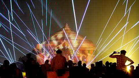 Ayodhya: Invitees attend a laser show inside the Ram Mandir premises after its consecration ceremony, in Ayodhya