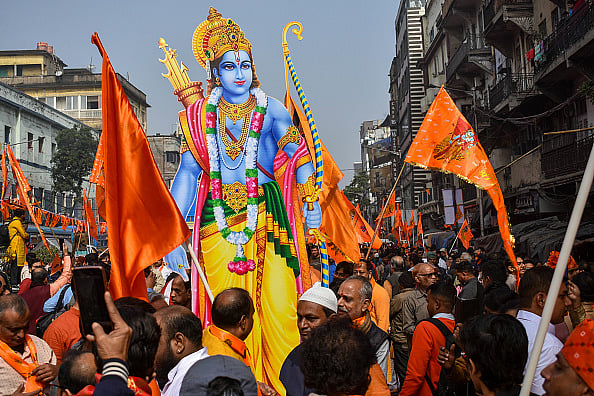 Getty Images : Devotees are carrying a cutout of Lord Ram during a rally organized to celebrate the inauguration of the Ayodhya Ram temple, as seen in Kolkata, India, on January 22, 2024