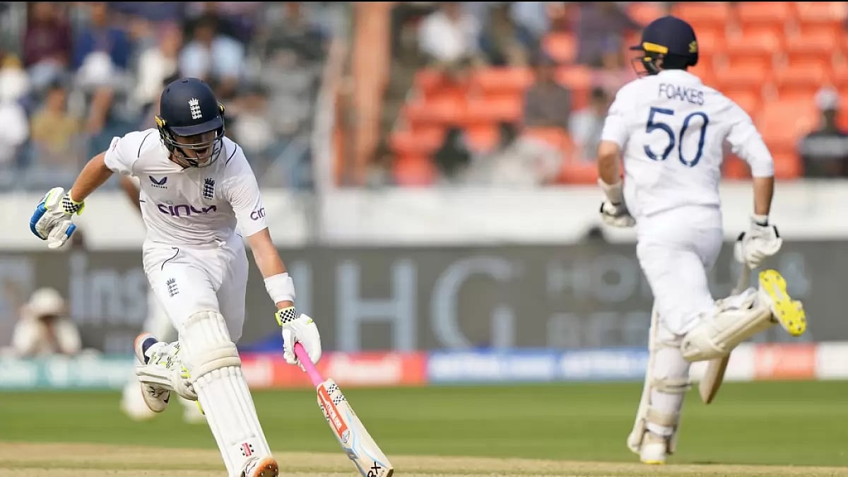 AP : Ollie Pope, left, and Ben Foakes run between the wickets on Day 3 of the first Test match between England and India in Hyderabad