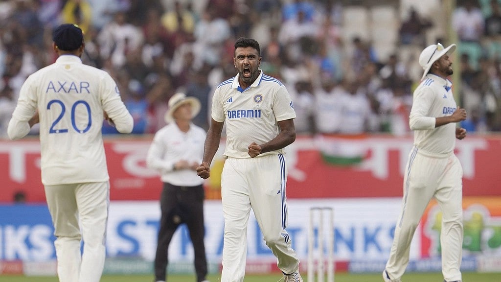 India's Ravichandran Ashwin celebrates the wicket of England's Ben Duckett on the third day of the second Test in Visakhapatnam. - AP Photo/Manish Swarup