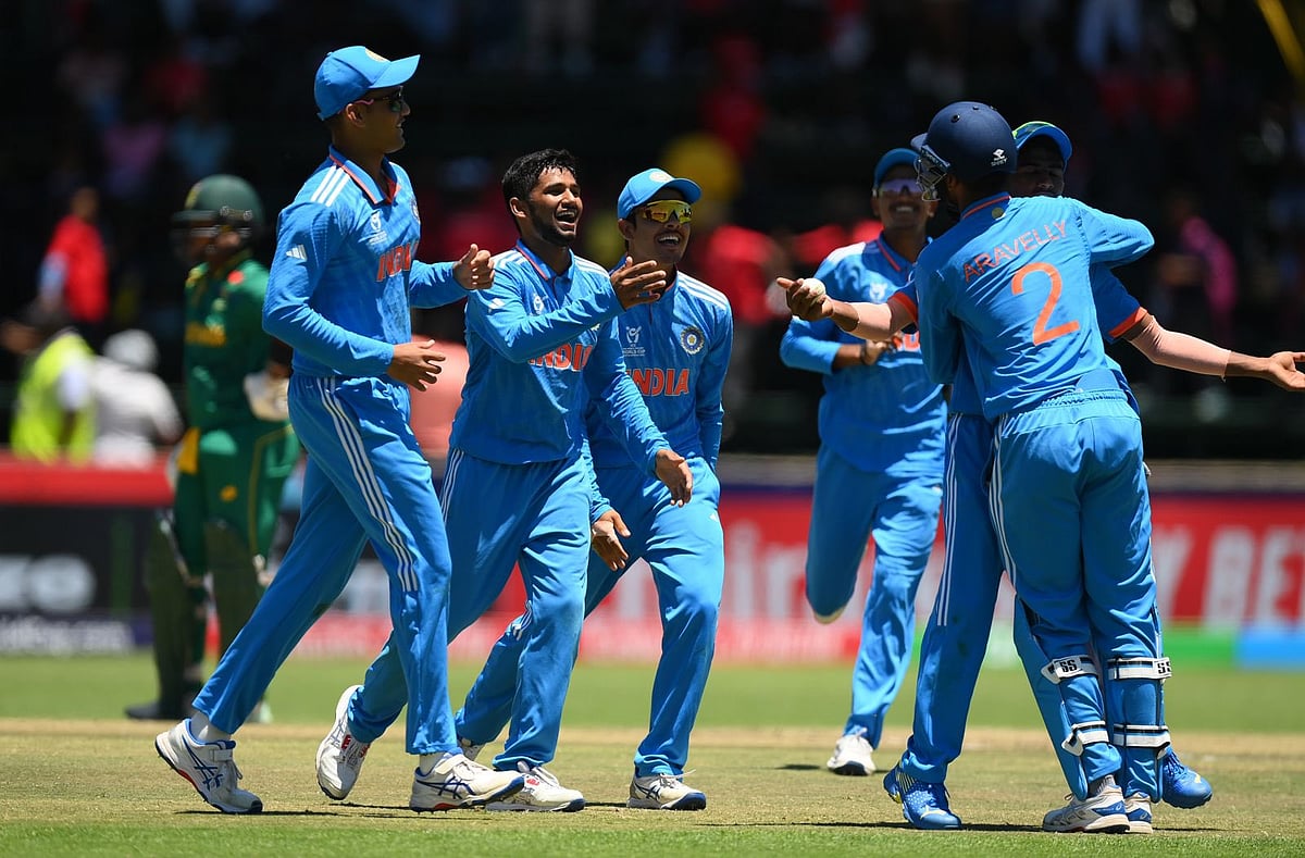 (Photo: X/ Jay Shah) : ICC U-19 Cricket World Cup 2024: Team India celebrate a South Africa wicket in their semi-final