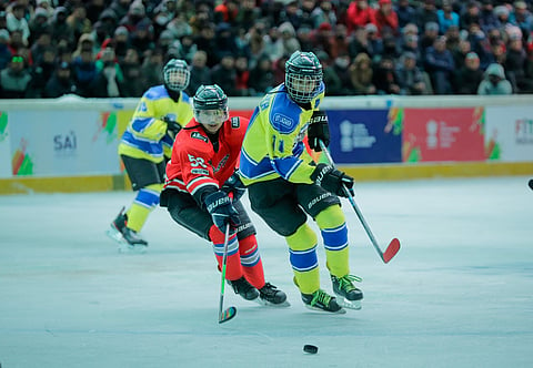 Action from the men’s group B ice hockey match between hosts Ladakh and Army at the NDS Stadium in Leh on Sunday.