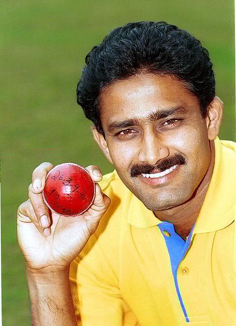 Former India captain Anil Kumble with the match ball that fetched him a record 10 wickets in the fourth innings of the second Test against Pakistan in Delhi on February 7, 1999.