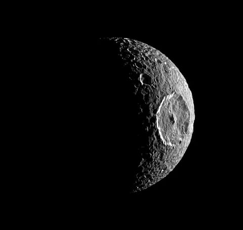 Image captured from the Cassini spacecraft of Saturn's moon Mimas.