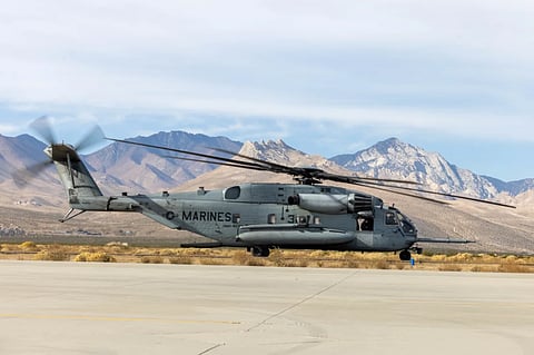 A CH-53E Super Stallion helicopter taxies in 2023 at Inyokern Airfield, California |