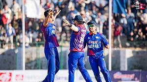 X/ @CricketNep : Nepal captain Rohit Paudel (R) celebrating with teammates during the 1st ODI match against Canada in Kirtipur.