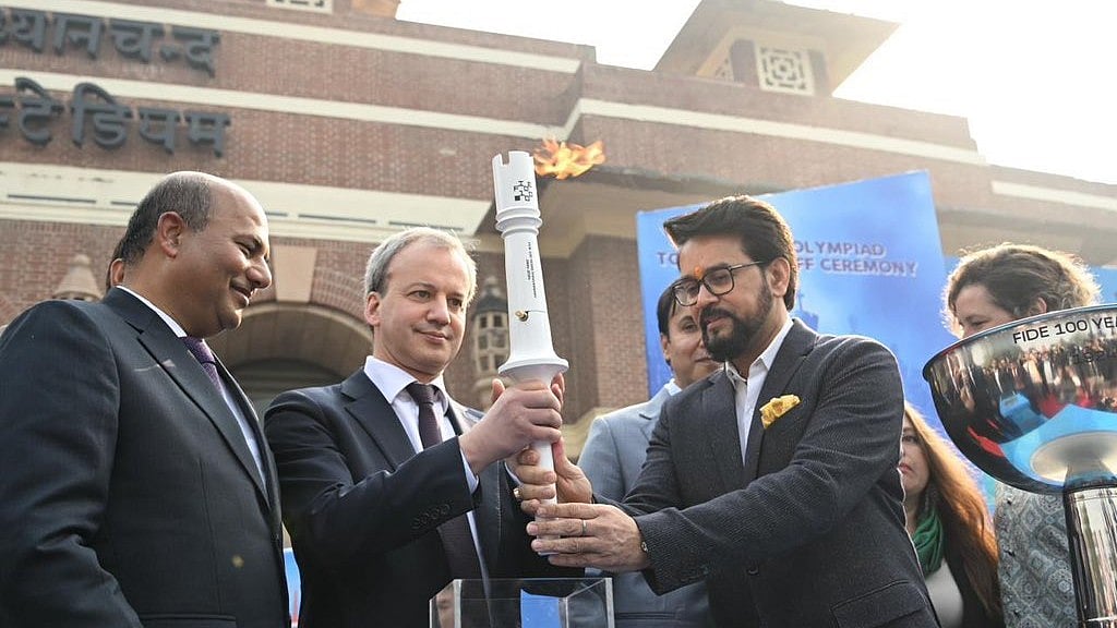Minister of Sports, Youth Affairs and Minister of Information and Broadcasting India, Anurag Thakur during the Chess Olympiad Torch Handoff Ceremony On February 14, 2024.  - (Photo: X|Anurag Thakur) 