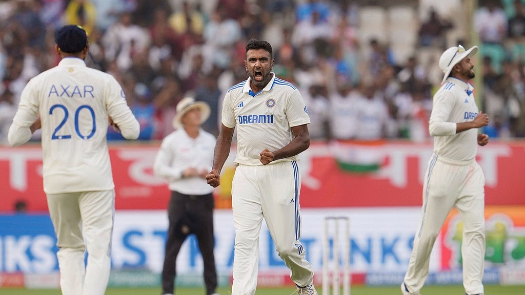 AP Photo/Manish Swarup : Ravichandran Ashwin celebrates the wicket of England's Ben Duckett on the third day of the second Test match between India and England in Visakhapatnam.