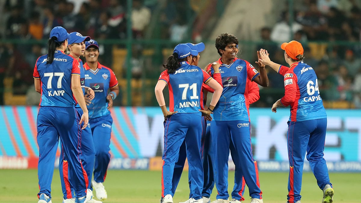 Photo: X/ @wplt20 : Delhi Capitals players celebrating a wicket of Royal Challengers Bangalore in WPL 2024 ON Thursday.