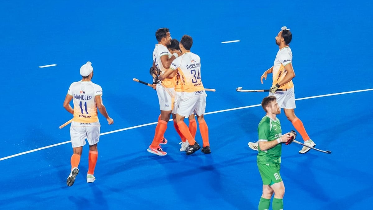 Indian players celebrating after goal against Ireland in FIH Pro League 2023-24. - Photo: X/ @diptamishra76