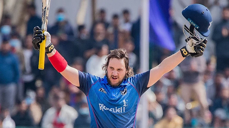Namibia's Jan Nicol Loftie-Eaton celebrates after breaking the record for fastest T20I century during their match against Nepal in Kirtipur on February 27, 2024. - Photo: X (CricketNep)