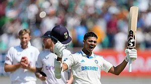 AP/Ajit Solanki : Yashasvi Jaiswal celebrates his double century on the fourth day of the third cricket Test match between England and India in Rajkot.