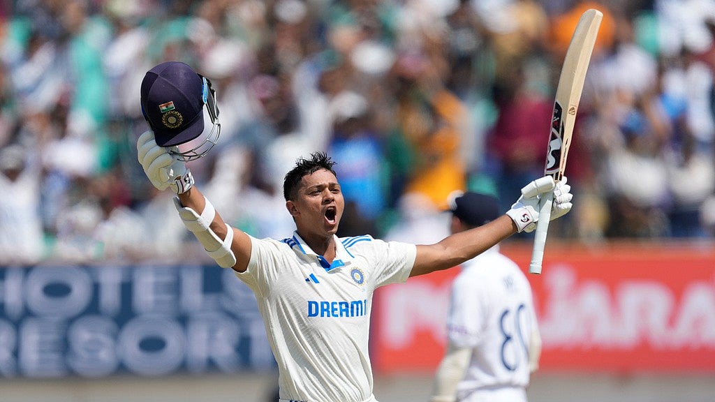 AP/Ajit Solanki : Yashasvi Jaiswal celebrates his double century on the fourth day of the third cricket Test match between England and India in Rajkot.