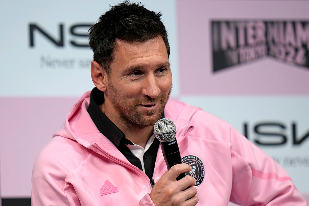 Photo: AP/Shuji Kajiyama : Argentine football superstar Lionel Messi speaks during a press conference at a hotel, ahead of Inter Miami's friendly football match against Vissel Kobe in Tokyo.