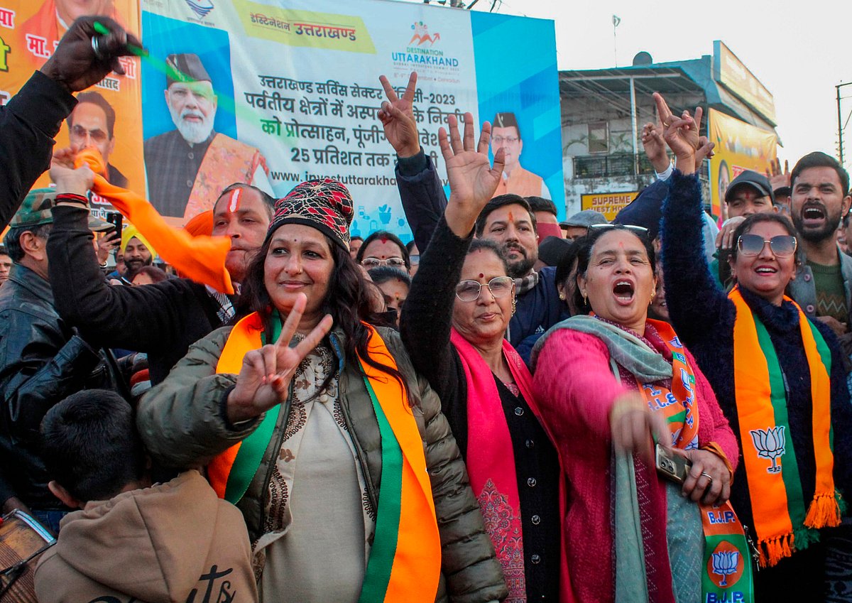 PTI : BJP supporters celebrate the introduction of UCC bill during a special session of the state assembly, in Dehradun, 