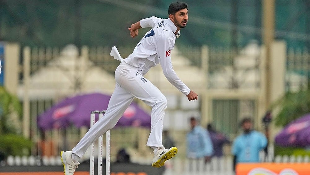 Shoaib Bashir in action against India in the 4th Test in Ranchi. - AP/Ajit Solanki
