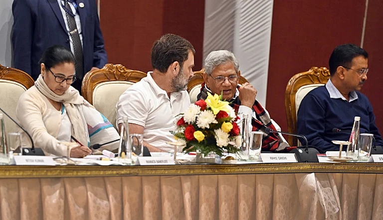 Leaders of the INDIA bloc parties at a meeting in Delhi. - Getty Images