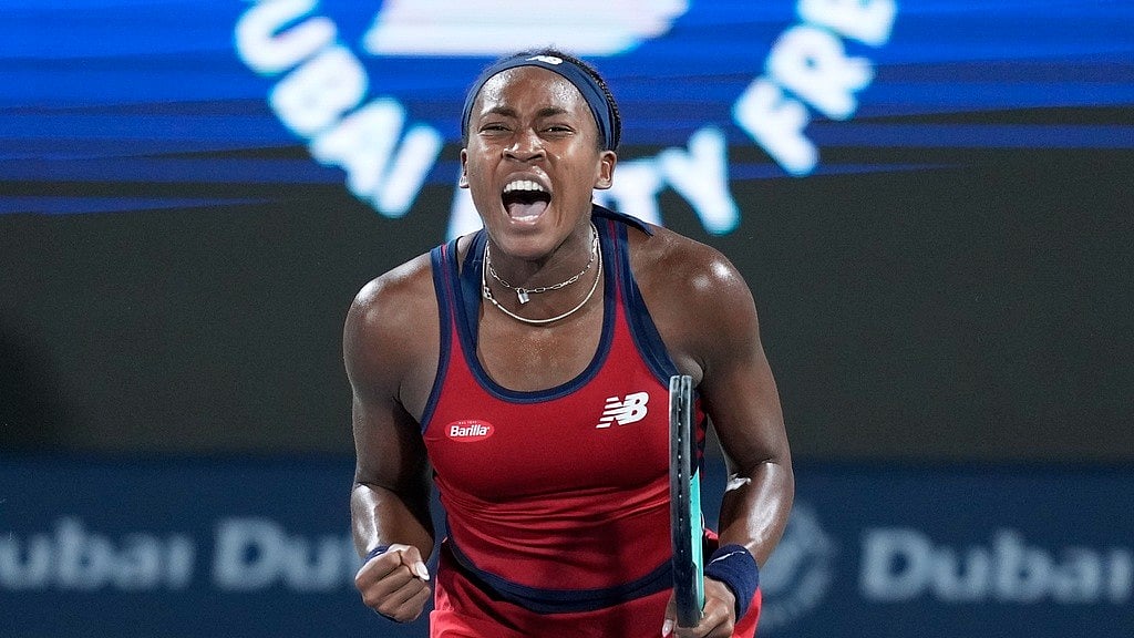 (AP Photo/Kamran Jebreili)

 : Coco Gauff of the U.S. celebrates after beating Karolina Pliskova of Czech Republic in a match of the Dubai Duty Free Tennis Championships in Dubai, United Arab Emirates, Wednesday, Feb. 21, 2024. 
