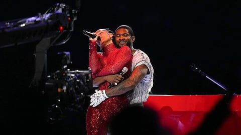 Usher and Alicia Keys perform during halftime of the NFL Super Bowl 58
