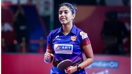 (Photo: X|@UltTableTennis) : India's Ayhika Mukherjee in action during World Table Tennis Championships 2024 in Busan. 