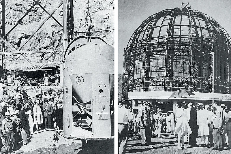 (Left to Right) Nehru at the Bhakra Dam in 1955; Nehru at the inauguration of the Atomic Reactor Apsara, Trombay