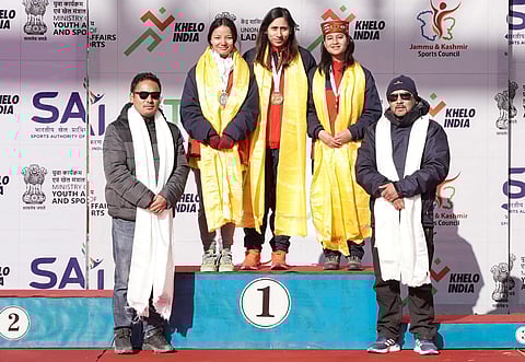India’s only professional woman long-track speed skater Shruti Kotwal (C) at the Khelo India Winter Games 2024 in Leh.
