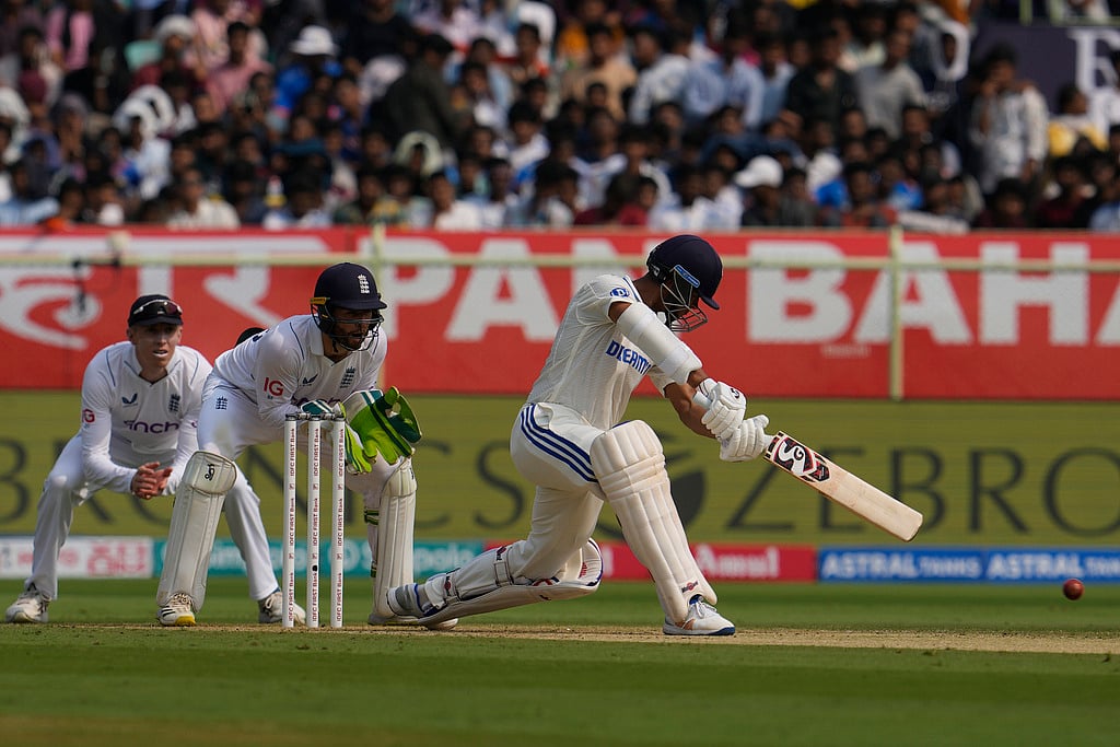 AP Photo/Manish Swarup : Yashasvi Jaiswal plays a shot on the first day of the second Test match between India and England in Visakhapatnam.