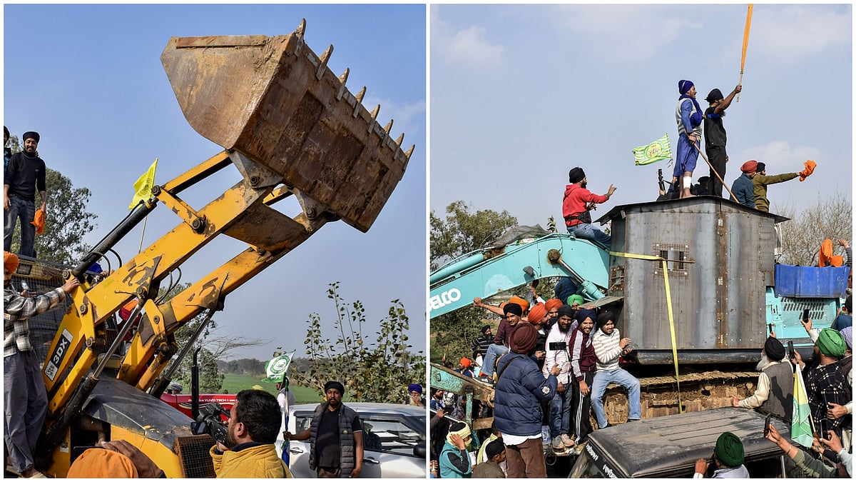 PTI : Backhoe loader, excavator modified by the farmers to shield from police rubber bullets, during their protest 