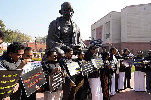 DMK protest at the Parliament in Delhi