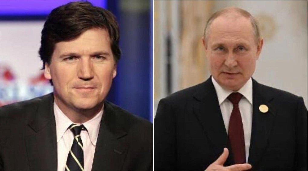 (AP Photos/Collage by Outlook India) : Tucker Carlson and Russian President Vladimir Putin | 