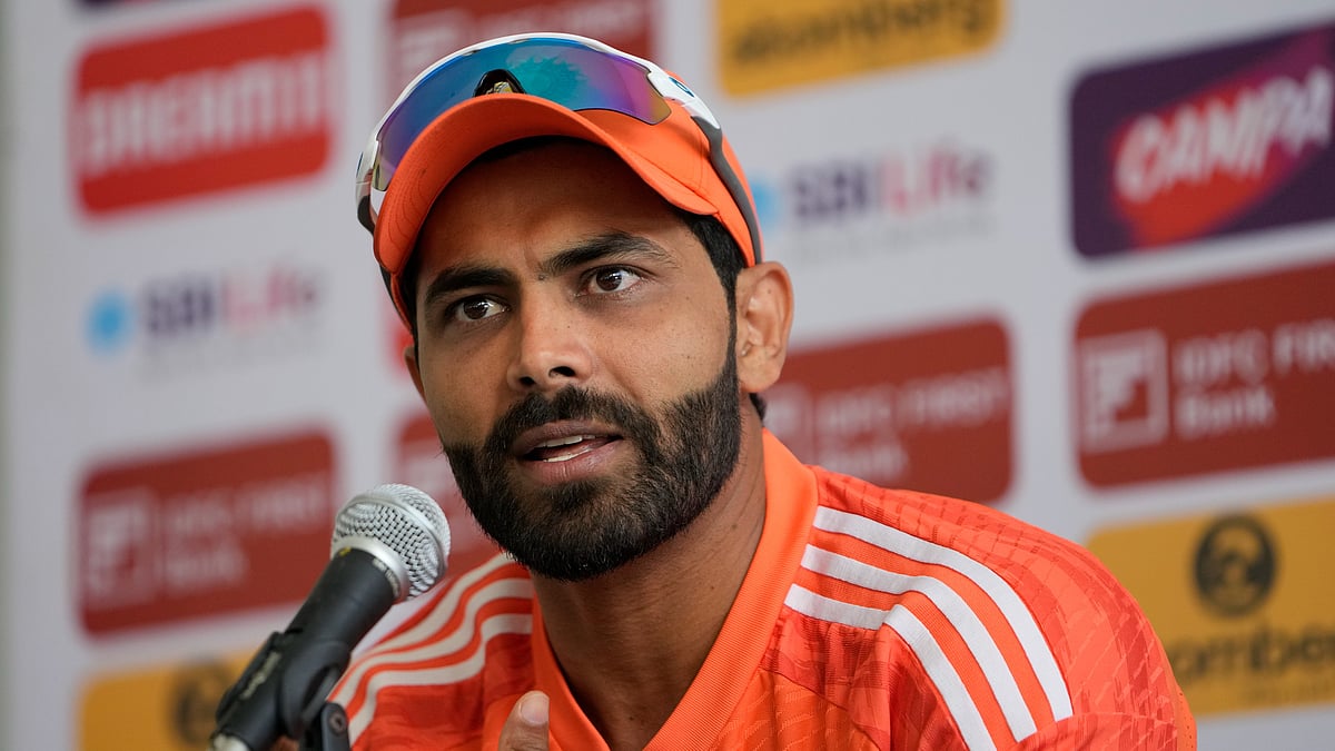 India's Ravindra Jadeja speaks during a press conference ahead of the third cricket test match against England in Rajkot, India, Wednesday, Feb. 14, 2024

 - (AP Photo/Ajit Solanki)
