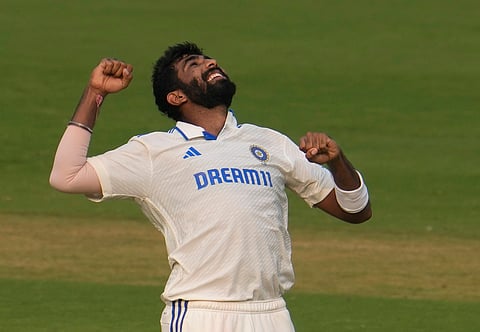 Jasprit Bumrah celebrates the wicket of Tom Hartley on the second day of the second Test match between India and England, in Visakhapatnam.
