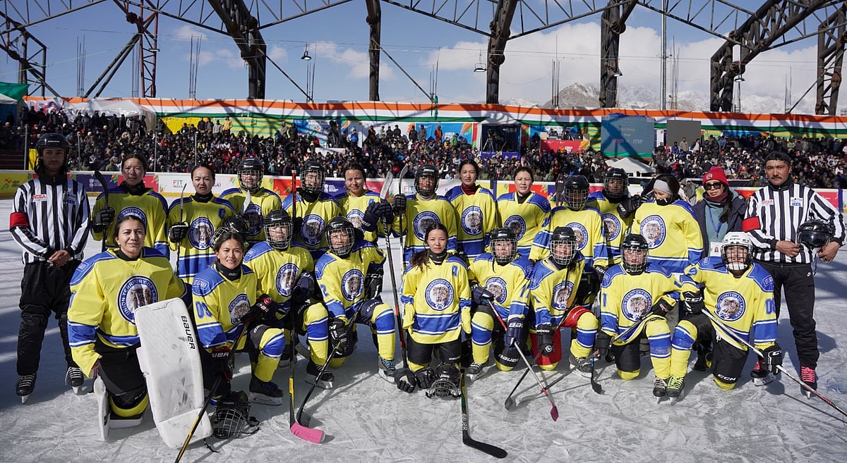 Photo: DIPR-Ladakh : The Ladakh women’s ice hockey team that won silver at the Khelo India Winter Games 2024.