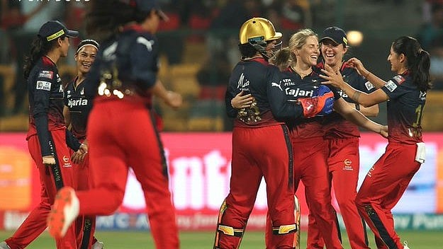 (Photo: X|RCB) : RCB celebrates their first match win over UP Warriorz at WPL 2024 on February 24, Saturday. 