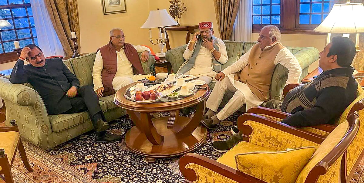 PTI : Shimla: Himachal Pradesh Chief Minister Sukhvinder Singh Sukhu, Karnataka Deputy Chief Minister DK Shivakumar, Former Chhattisgarh chief minister Bhupesh Baghel, Former Haryana chief minister Bhupinder Singh Hooda and Congress leader Rajeev Shukla during a meeting, in Shimla, Wednesday, Feb. 28, 2024. 