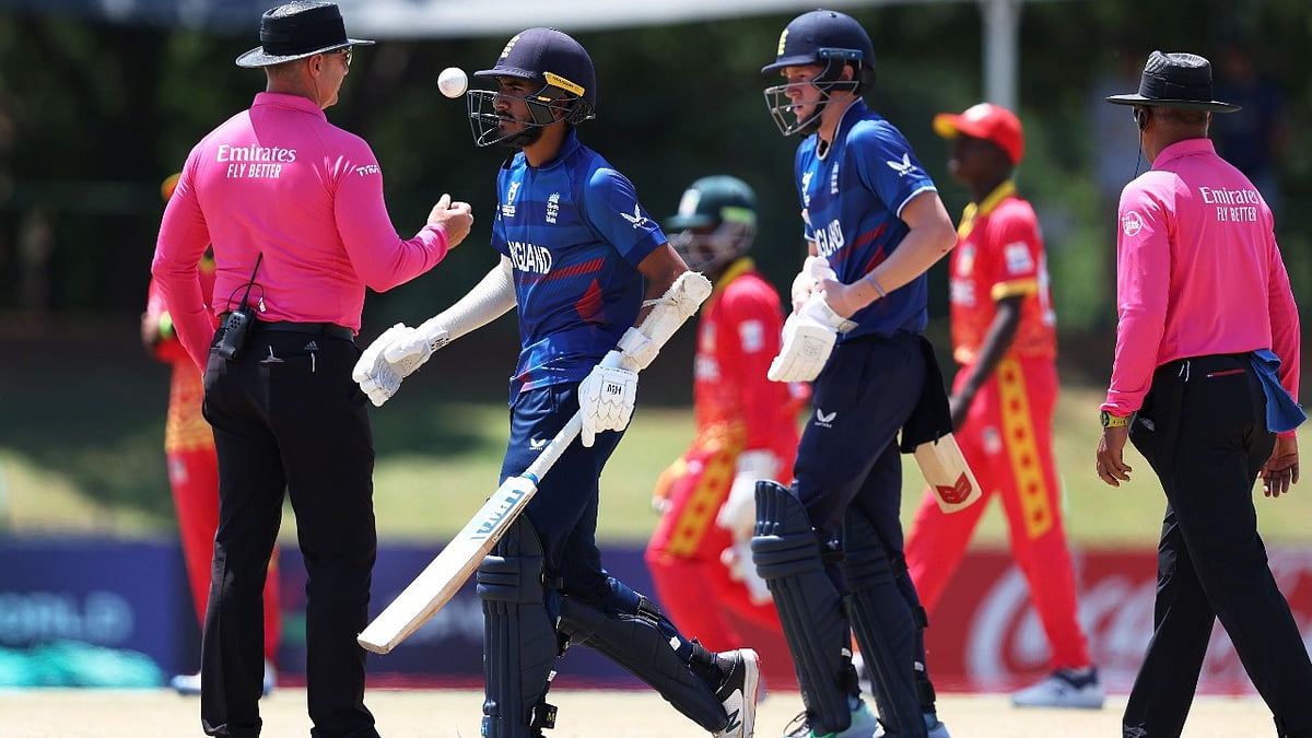 Photo: ICC : Hamza Shaikh (second from left) leaves the field after being dismissed for obstructing the field during the ICC Under-19 Men's Cricket World Cup 2024 Super Six match between England and Zimbabwe at JB Marks Oval on February 3, 2024.