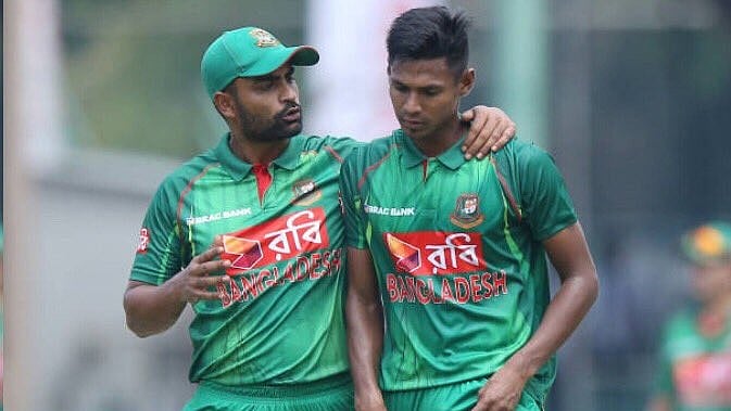 Bangladesh's Tamim Iqbal (L) with Mustafizur Rehman. - X/ @Mustafiz90