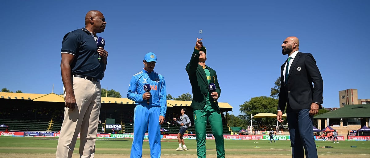 Photo: ICC : Captains Uday Saharan and Juan James at the toss for the India vs South Africa semi-final match at the ICC Under-19 Cricket World Cup 2024 in Benoni.