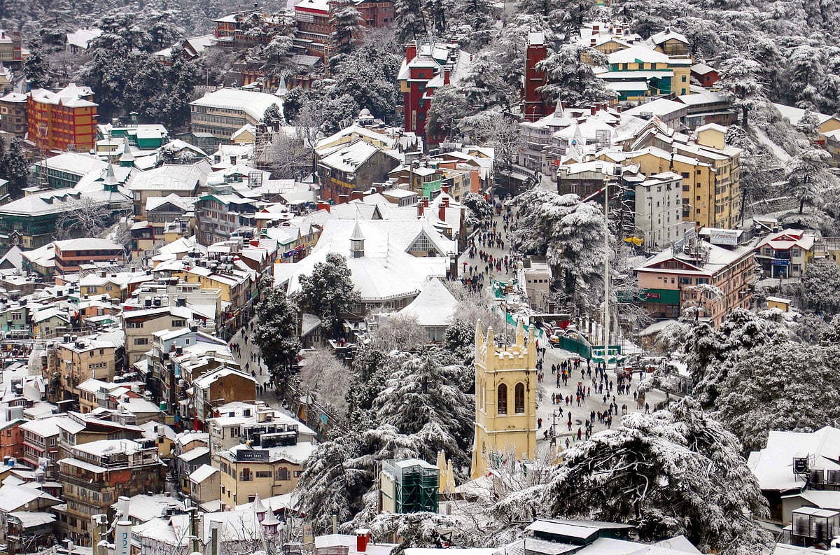 PTI : Shimla: An aerial view of a snow laden area after fresh snowfall, in Shimla, Thursday, Feb 1 |