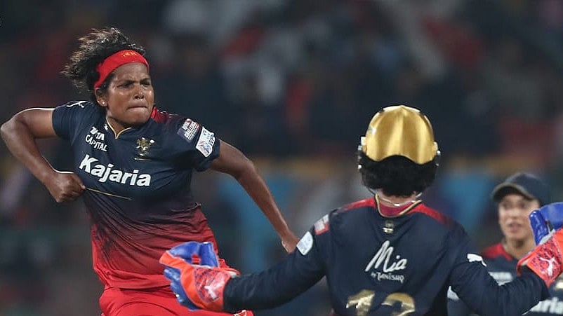 Asha Shobhana celebrates RCB's win over UP warriorz, in Women's Premier League 2 February 24, Saturday, 2024. 