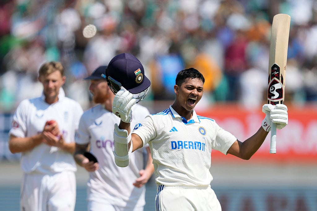 AP/Ajit Solanki : Yashasvi Jaiswal celebrates his double century on Day 4 of the third India vs England Test in Rajkot.
