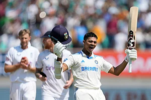 AP/Ajit Solanki : Yashasvi Jaiswal celebrates his double century on Day 4 of the third India vs England Test in Rajkot.