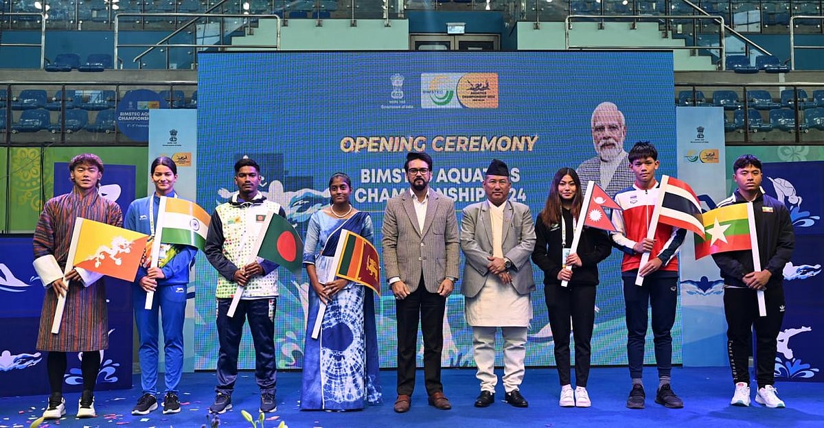 Photo: SAI : Union sports minister Anurag Thakur (centre) inaugurated the BIMSTEC Aquatics Championships 2024 in New Delhi on Tuesday, February 6, 2024. 