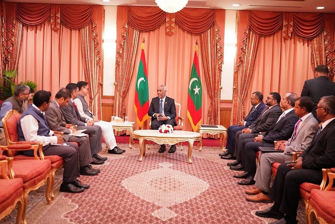 X/@KirenRijiju
 : File photo of a meeting of Indian ministers and delegates with Maldives President Mohamed Muizzu