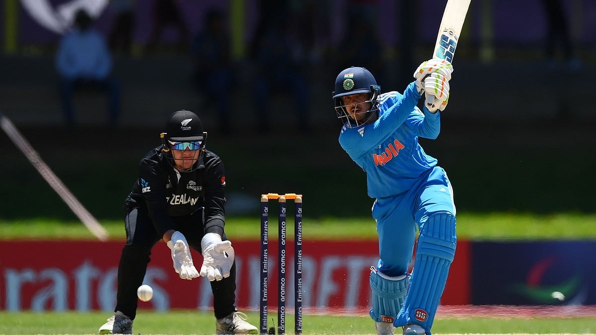 (Photo: ICC)  : Uday Saharan of India bats during their ICC Men's U-19 Cricket World Cup 2024 Super Six match against New Zealand at Mangaung Oval in Bloemfontein, South Africa on January 30, 2024.
