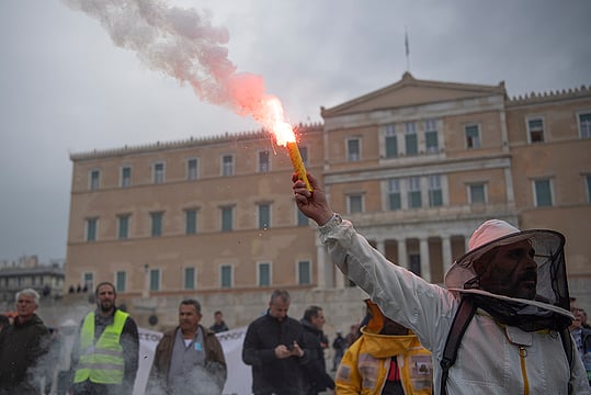 Greek Beekeepers Swarm Athens, Lighting Up Parliament With Flares, Waving Flags, And Shouting Slogans In Protest