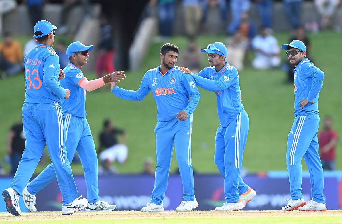 Photo: X/BCCI : India celebrate a wicket during their ICC Under-19 Cricket World Cup 2024 match against Bangladesh in Bloemfontein.