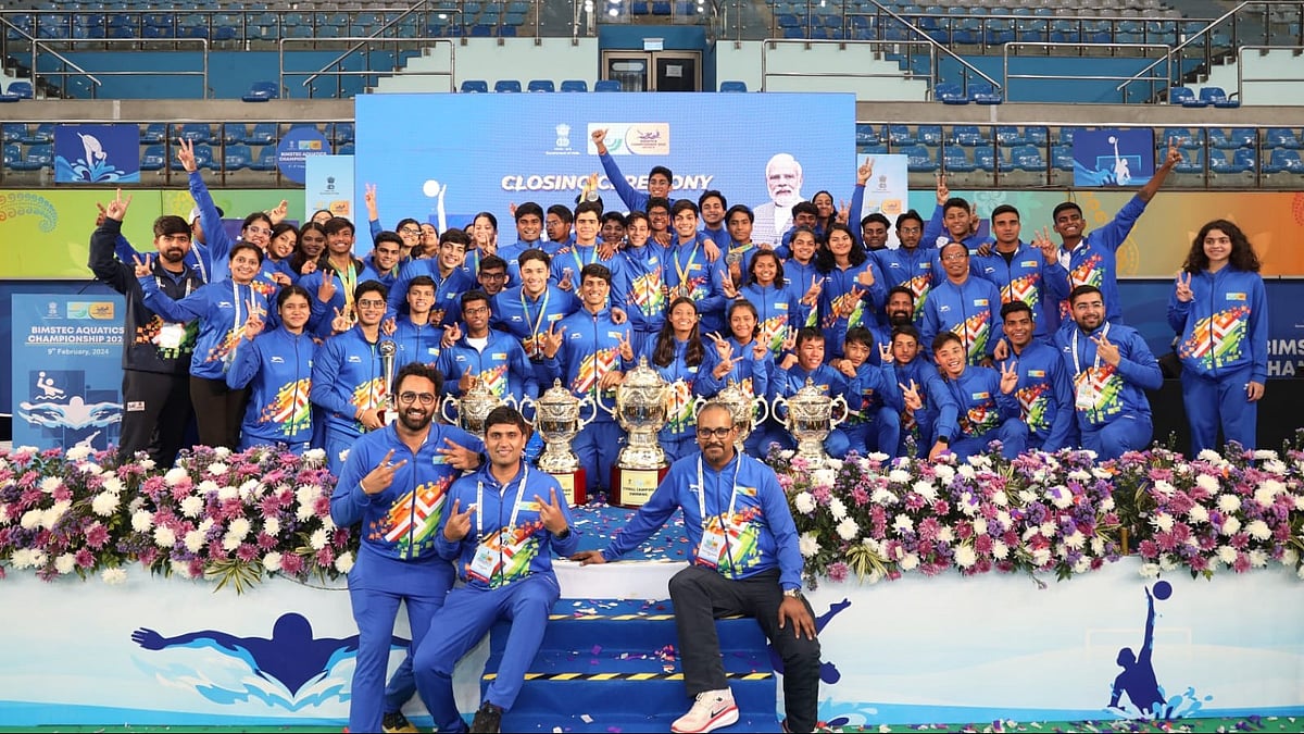 Photo: SAI : The victorious Indian contingent at the inaugural BIMSTEC Aquatics Championships 2024 in New Delhi.