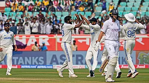 Photo: AP/Manish Swarup : Jasprit Bumrah celebrates the wicket of Joe Root during the second India vs England Test in Visakhapatnam on February 3, 2024.